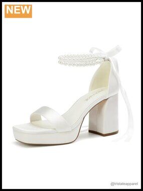 Platform Heels Wedding Sandals for Bride Satin Pearl Open Toe Chunky High Heel